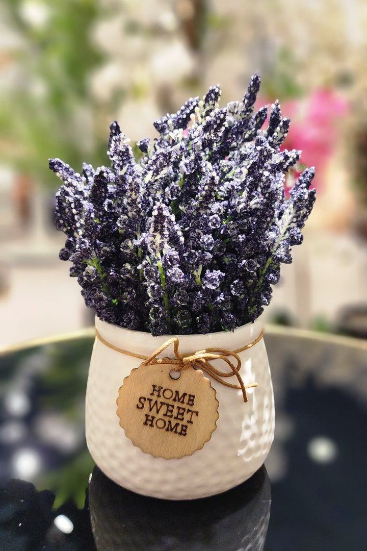 TP-007 - Artificial Blue Lavender in White Ceramic Pot, 8 Inches