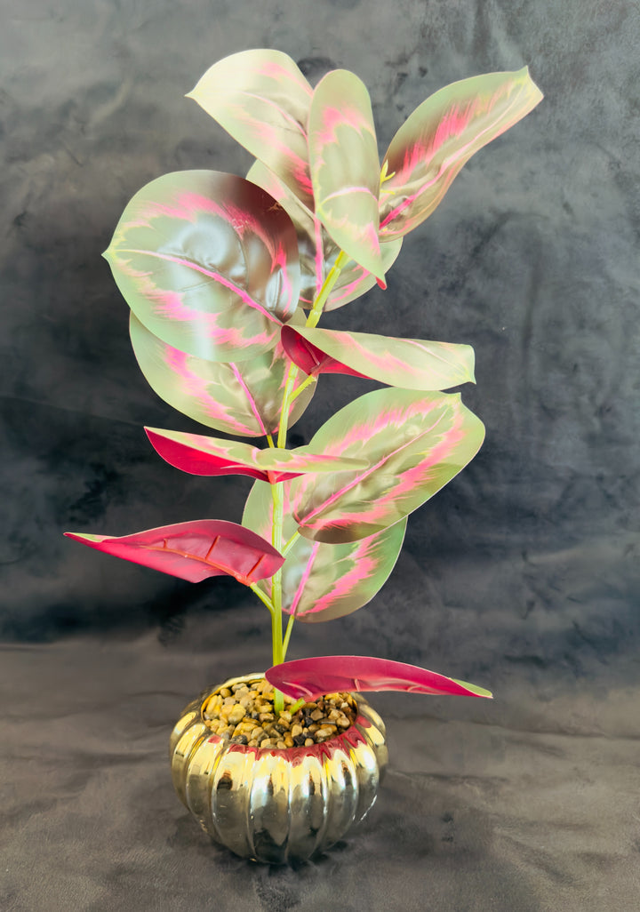 TP-35 - Red Banyan Round Leave in Gold Colour Plated Pot - 18 Inches